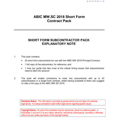 ABIC Major Works Short Form Subcontract Pack 2018