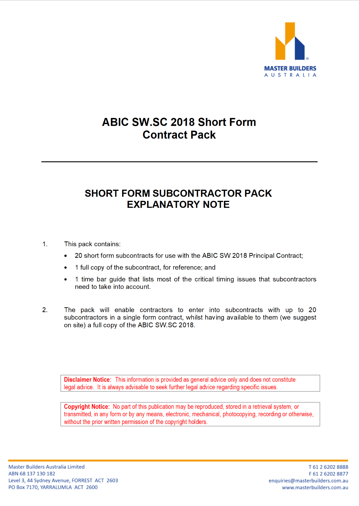 ABIC Simple Works Subcontract 2018 Short Form Pack