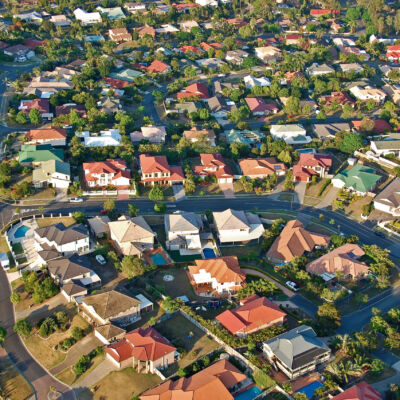 Aerial view of the suburbs roofs near Brisbane, Australia.