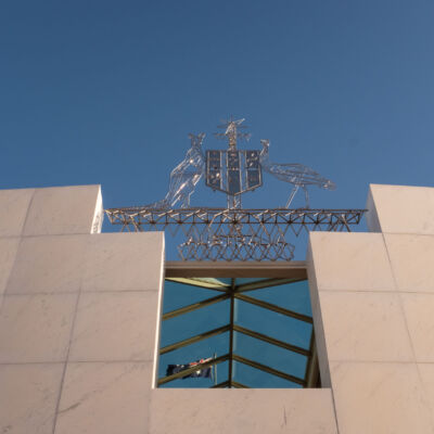 The australian coat of arms at the new government house in canberra ausralia