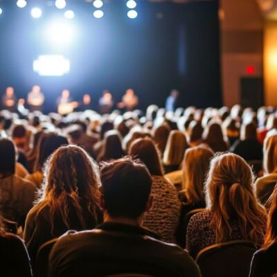 View from the back of an audience at a professional event.
