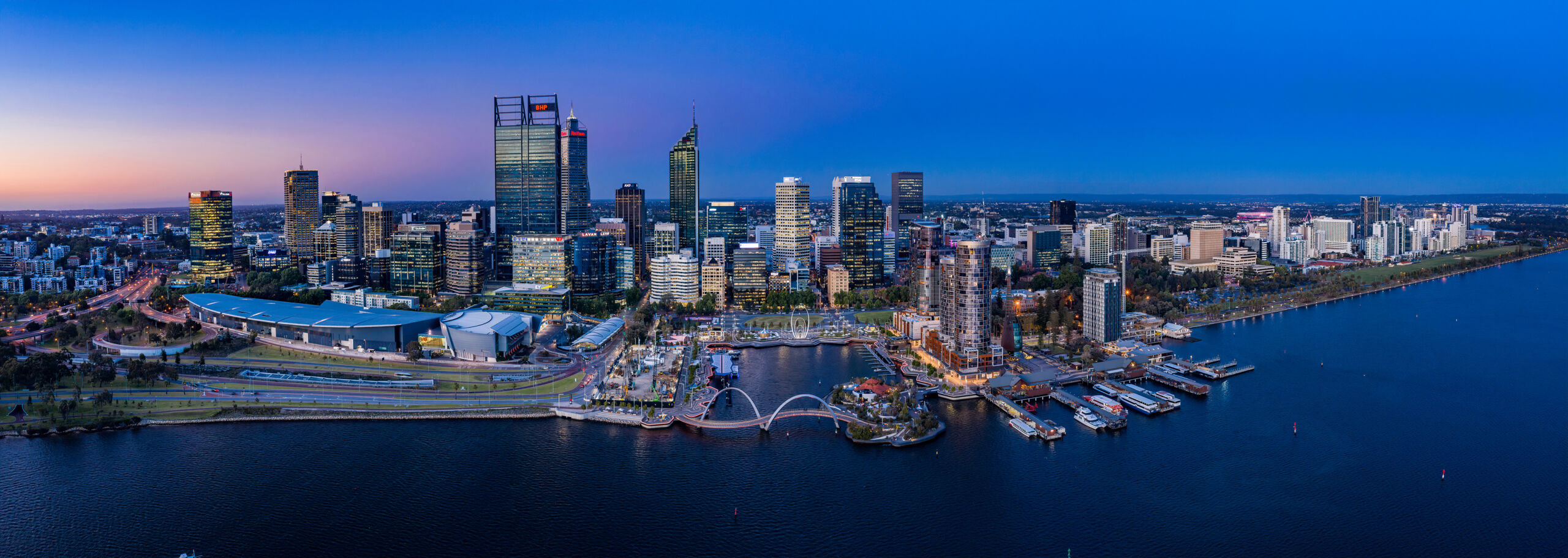 Perth Australia November 5th 2019: Aerial panoramic view of the beautiful city of Perth on the Swan river at dusk